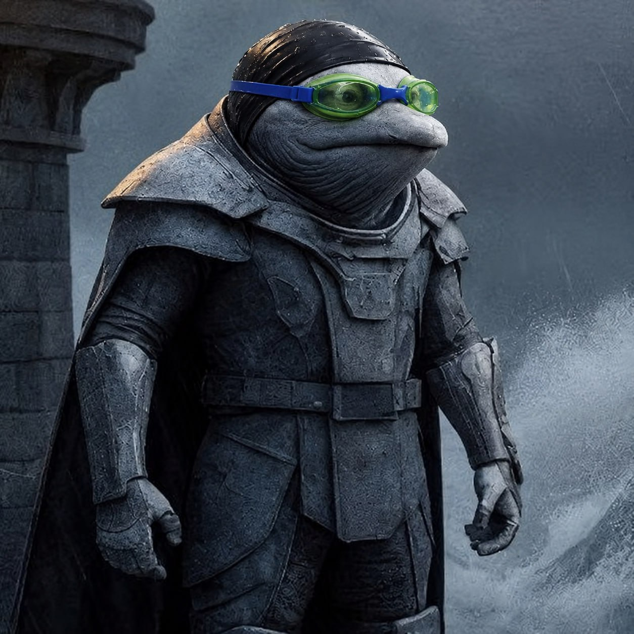 The Nas Whale in armor and swimming goggles